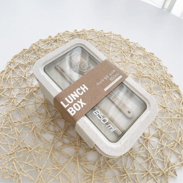 Dasoda Straw Lunch Box Rectangular 850ml (with Utensil Set) - Beige