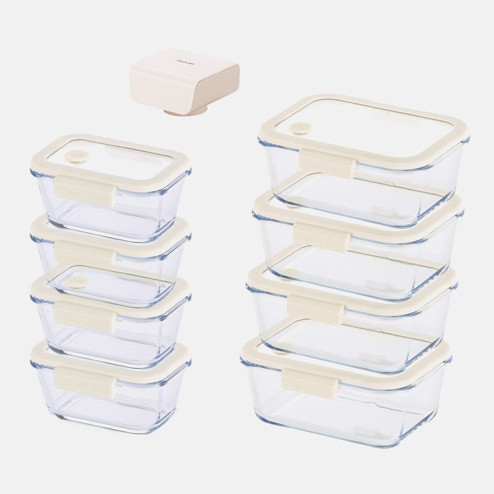 Neoflam GlasseZ Vacuum Sealed Container 9-Piece Set - Ivory (4 x 460ml + 4 x 800ml + Vacuum Pump)