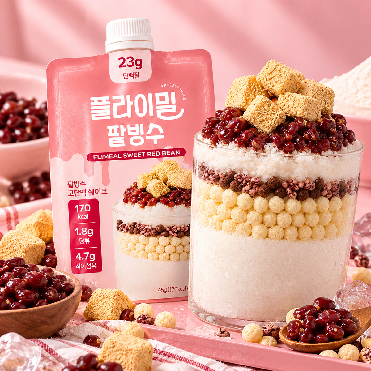 [Flymeal] Protein Shake Pouches – Red Bean Bingsu (45g × 7)