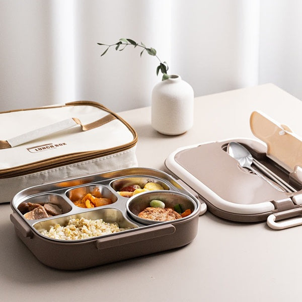 [CocoJuly] Tray Lunchbox (with Bag and Tableware Set) – Brown