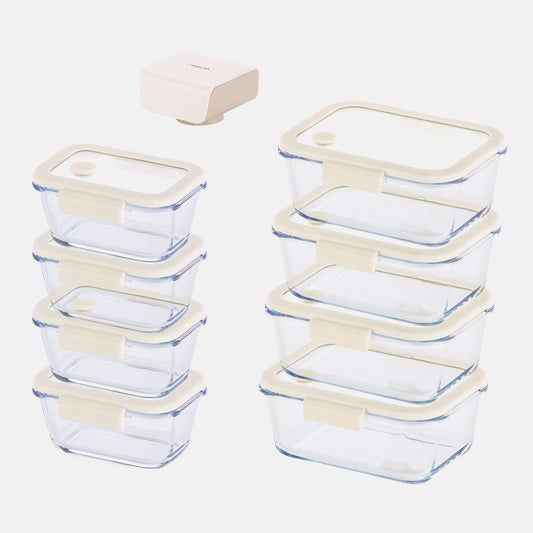 [Neoflam] GlasseZ Vacuum Sealed Container 9-Piece Set - Ivory (4 x 460ml + 4 x 800ml + Vacuum Pump)